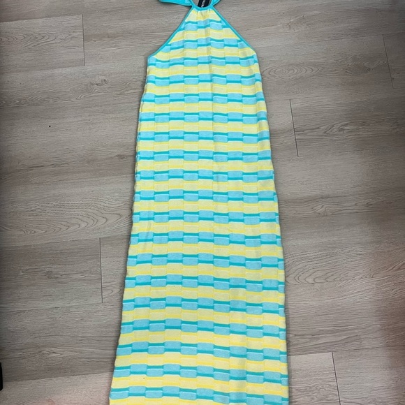 TURQUOISE CONTRAST TEXTURED KNIT CUT OUT HALTERNECK MAXI DRESS Size Medium - Picture 5 of 9